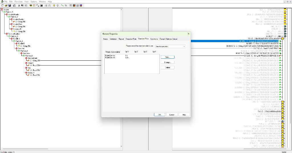 IBM Sterling Map Editor Element Properties showing Use Accumulator with LineCounter increment and use operations