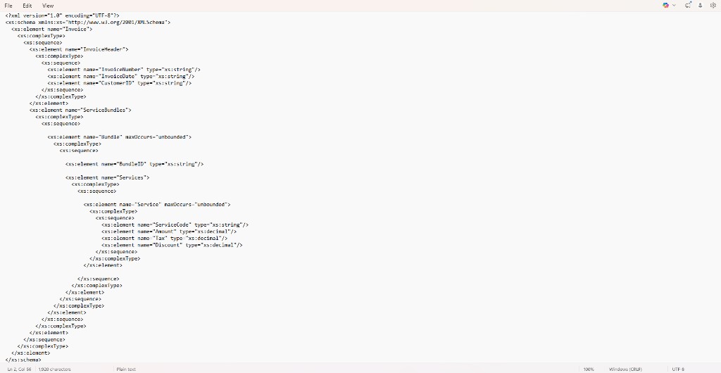 XML Schema Definition for invoice input with InvoiceHeader and ServiceBundles